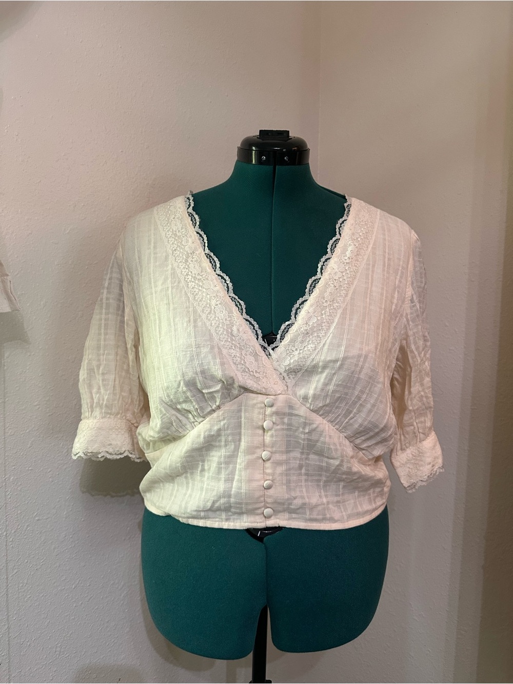 American Eagle Outfitters Cream Lace-Trim Button Crop Blouse